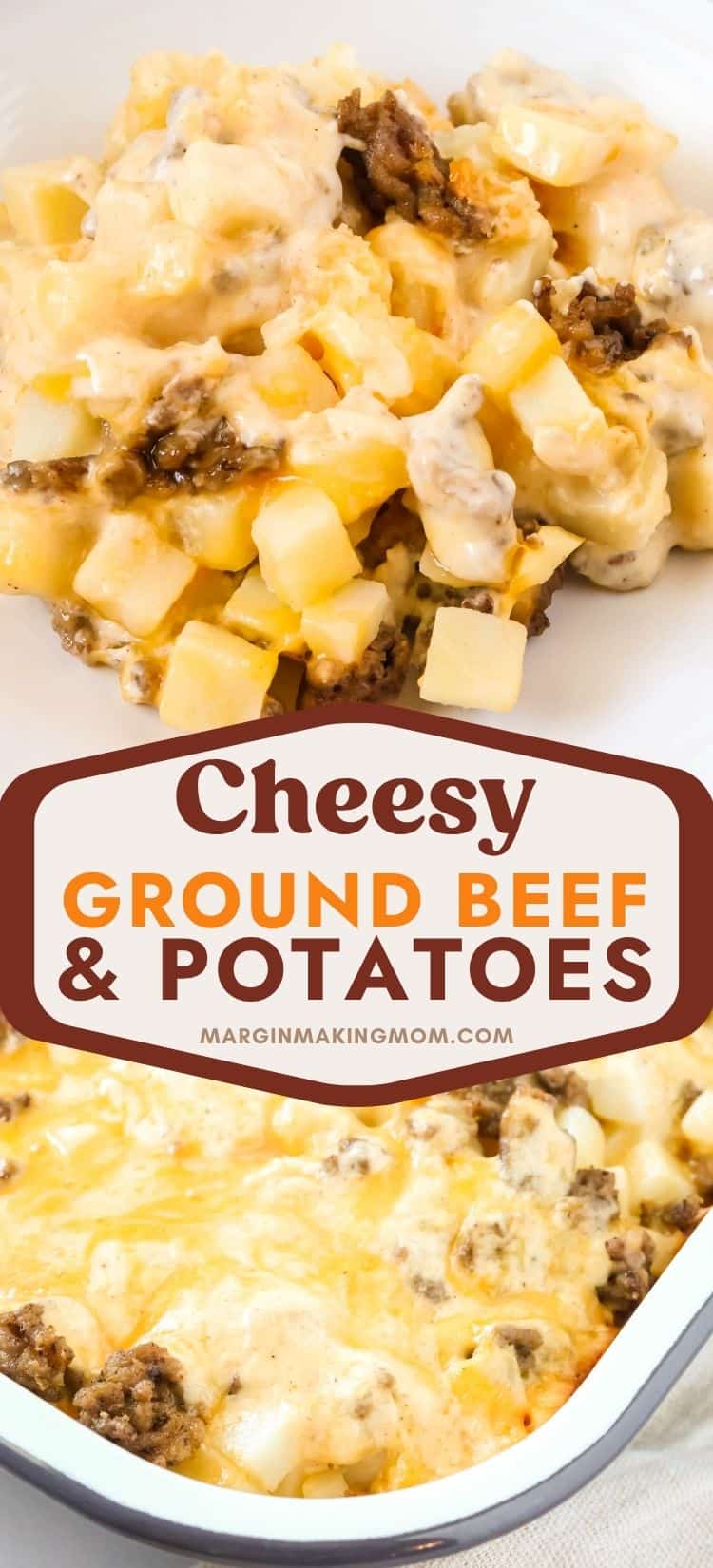 Two photos; one shows a serving of cheesy ground beef and potatoes casserole on a white plate; the other shows the corner of a baking dish of hobo casserole.