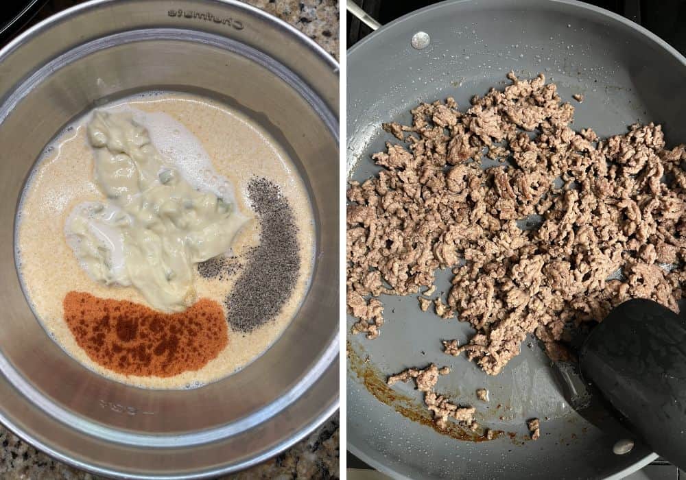 Two photos; one shows cream of celery and cream of onion soups in a mixing bowl with evaporated milk, paprika, garlic powder, and black pepper. The other shows browned ground beef in a skillet.