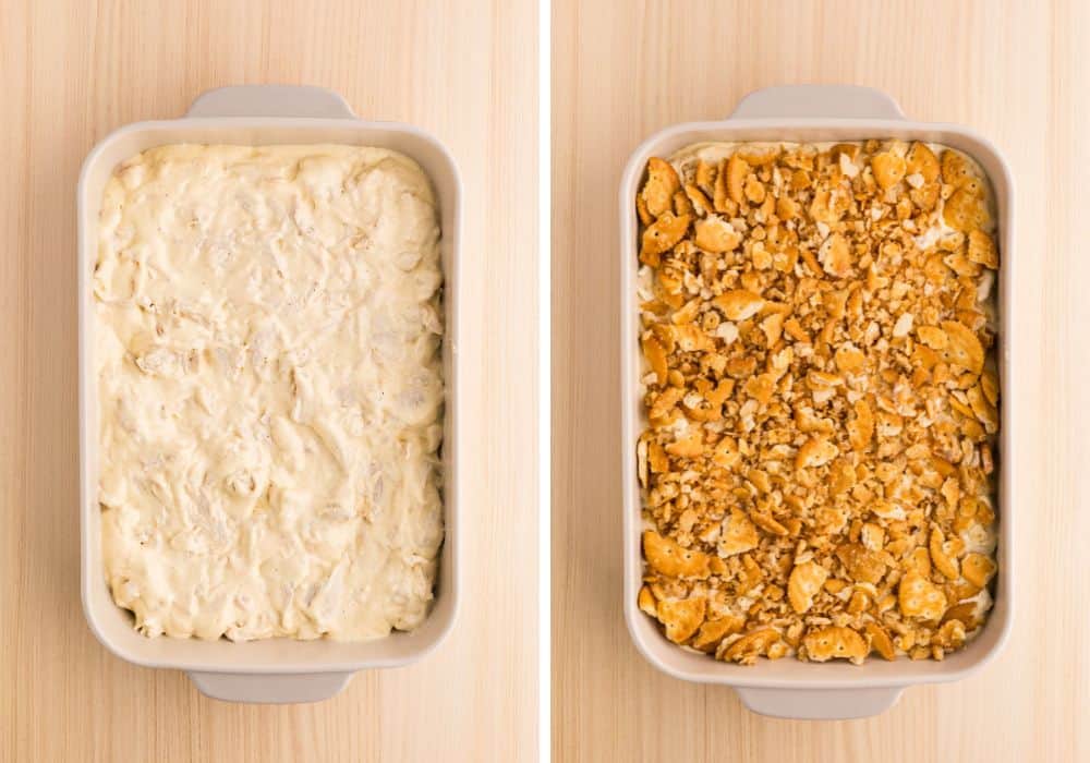 two photos; one shows creamy chicken filling in a white baking dish; the other shows a mixture of butter and Ritz cracker pieces sprinkled over the chicken mixture.