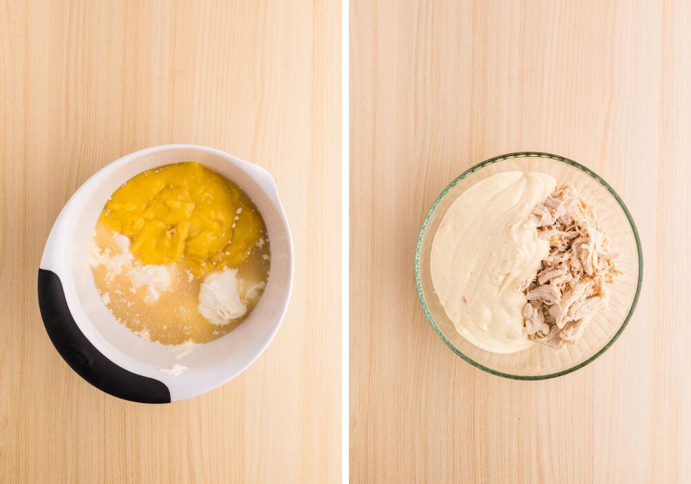 two photos; one shows mayonnaise, sour cream, chicken broth, and cream of chicken soup in a bowl; the other shows shredded chicken and the creamy sauce in a bowl.
