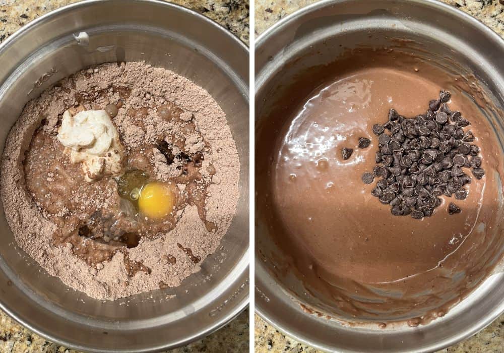 two photos; one shows egg, sour cream, milk, oil, and vanilla extract added to the dry ingredients in a mixing bowl; the other shows chocolate chips added to the muffin batter.
