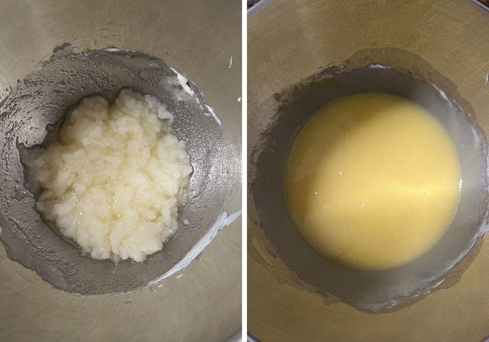 Two photos; one shows vegetable oil, sugar, and sour cream mixed together in a bowl; the other shows the bowl after eggs are added to the mixture.