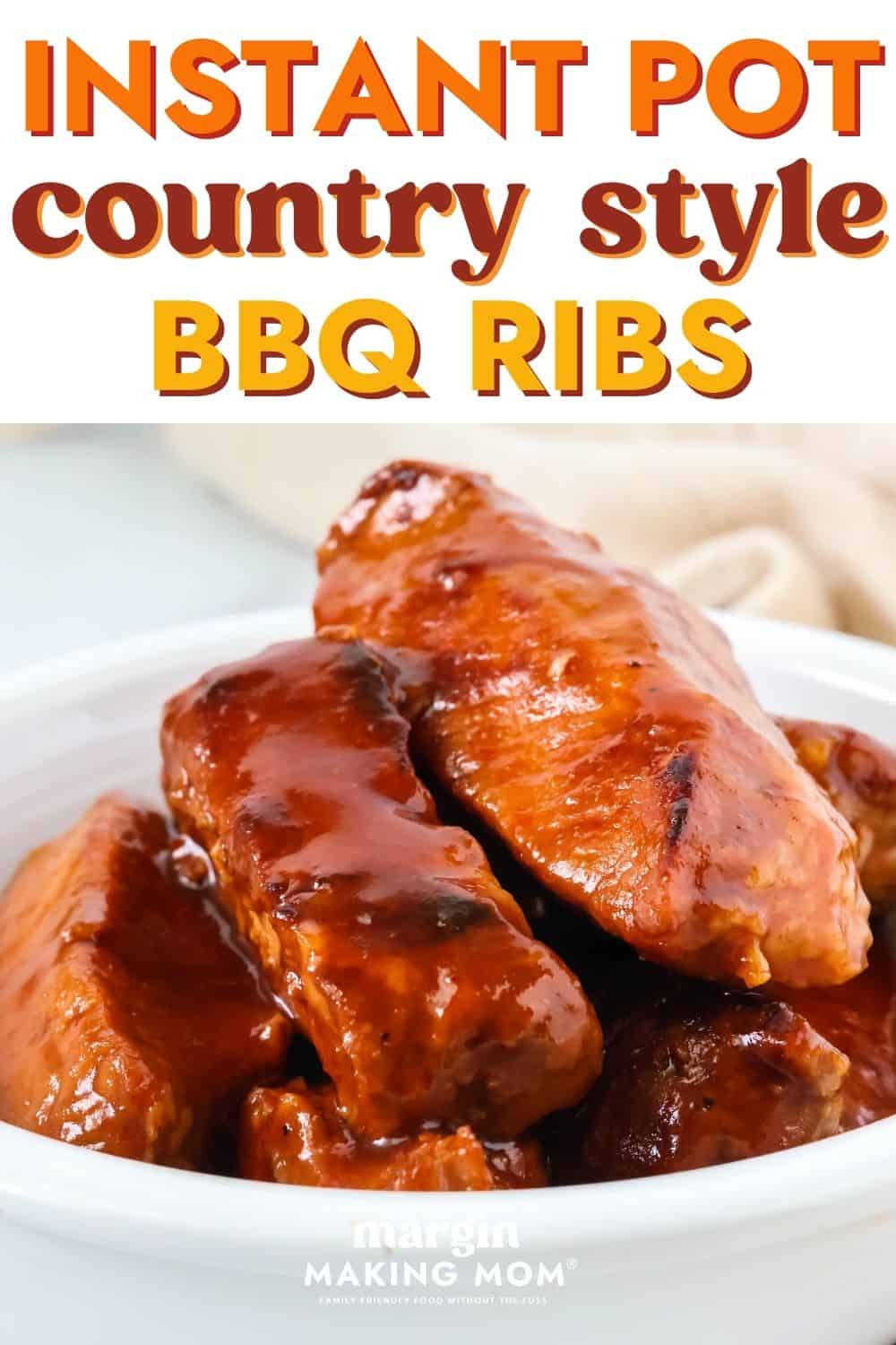 Instant Pot BBQ country style ribs served in a white bowl.