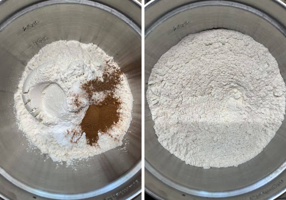 two photos; one shows dry ingredients in a mixing bowl; the other shows those ingredients whisked together.