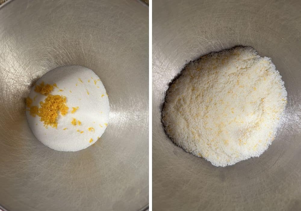 two photos; one shows orange zest and sugar in a bowl; the other shows the zest rubbed into the sugar.