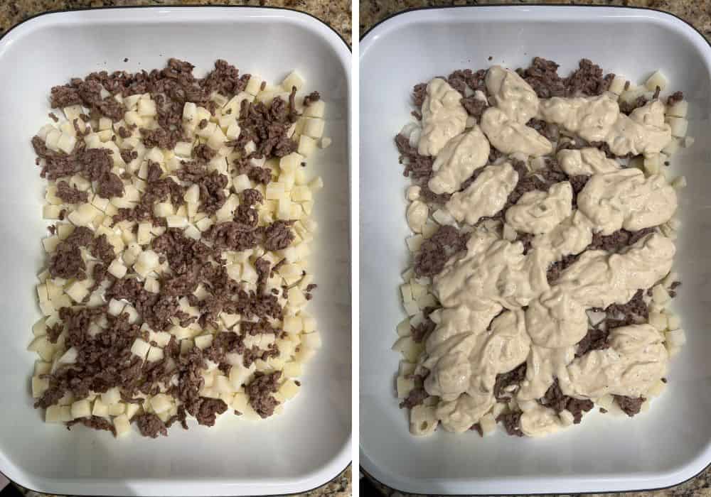 two photos; one shows frozen diced hash browns and ground beef layered in a casserole dish; the other shows a soup mixture added on top.