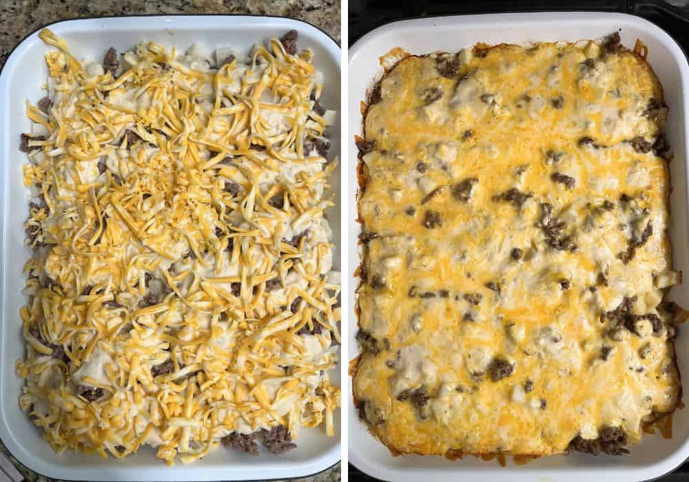 two photos; one shows shredded cheese sprinkled over the unbaked casserole layers; the other shows the dish after the casserole has been baked and the cheese is melted.