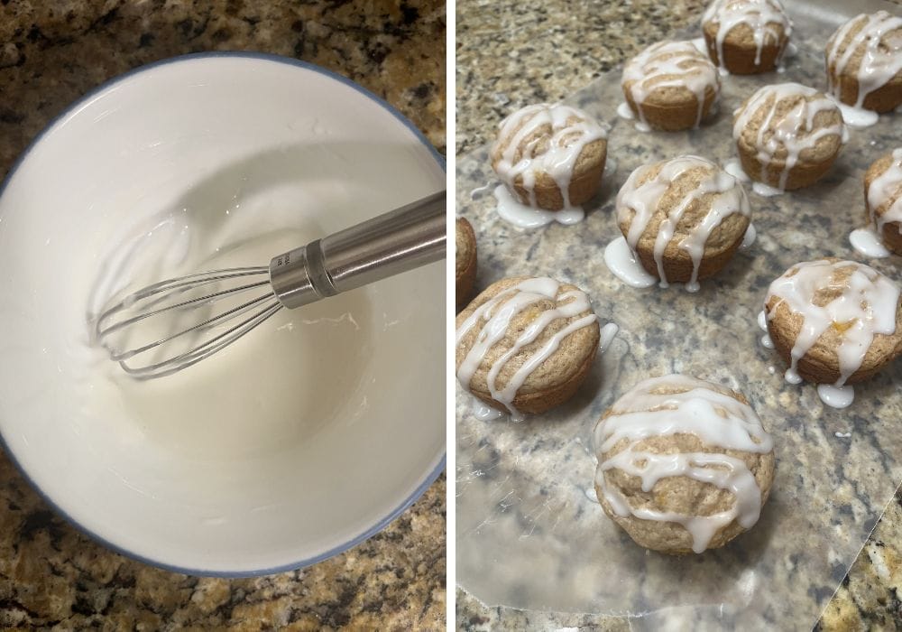 two photos; one shows a whisk in a bowl of icing for muffins; the other shows the icing drizzled over the top of the muffins.