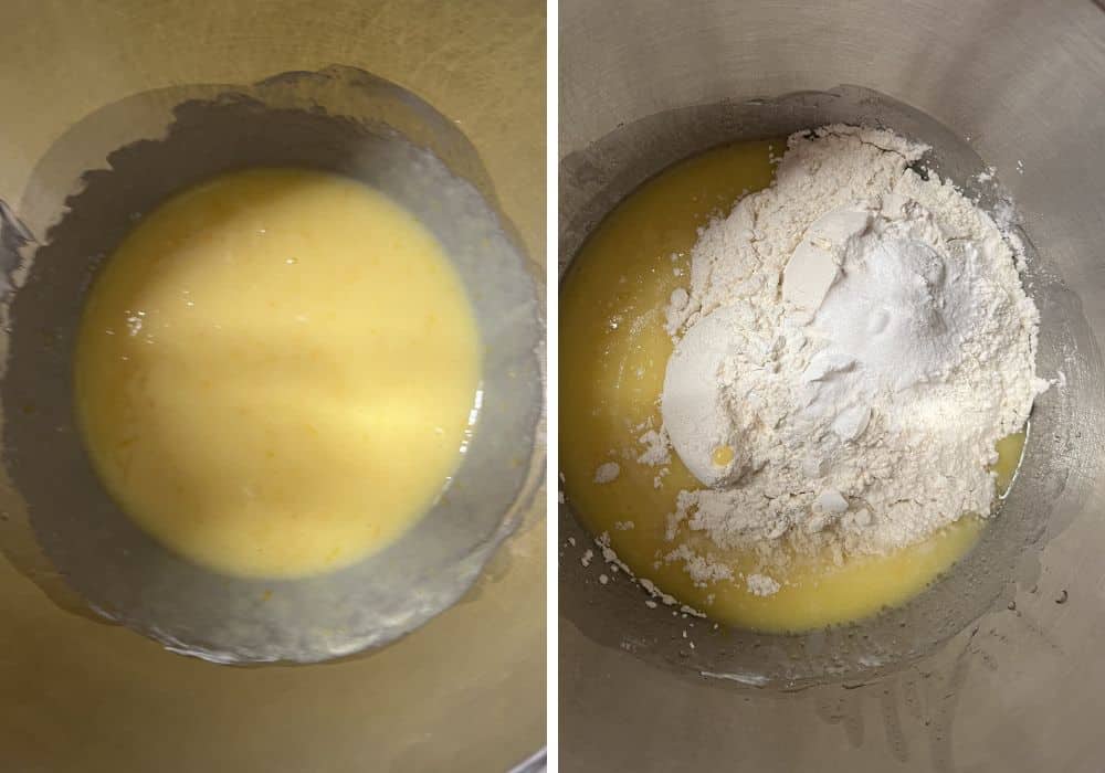 two photos; one shows liquid ingredients for orange bread in a mixing bowl; the other shows dry ingredients added to the bowl.