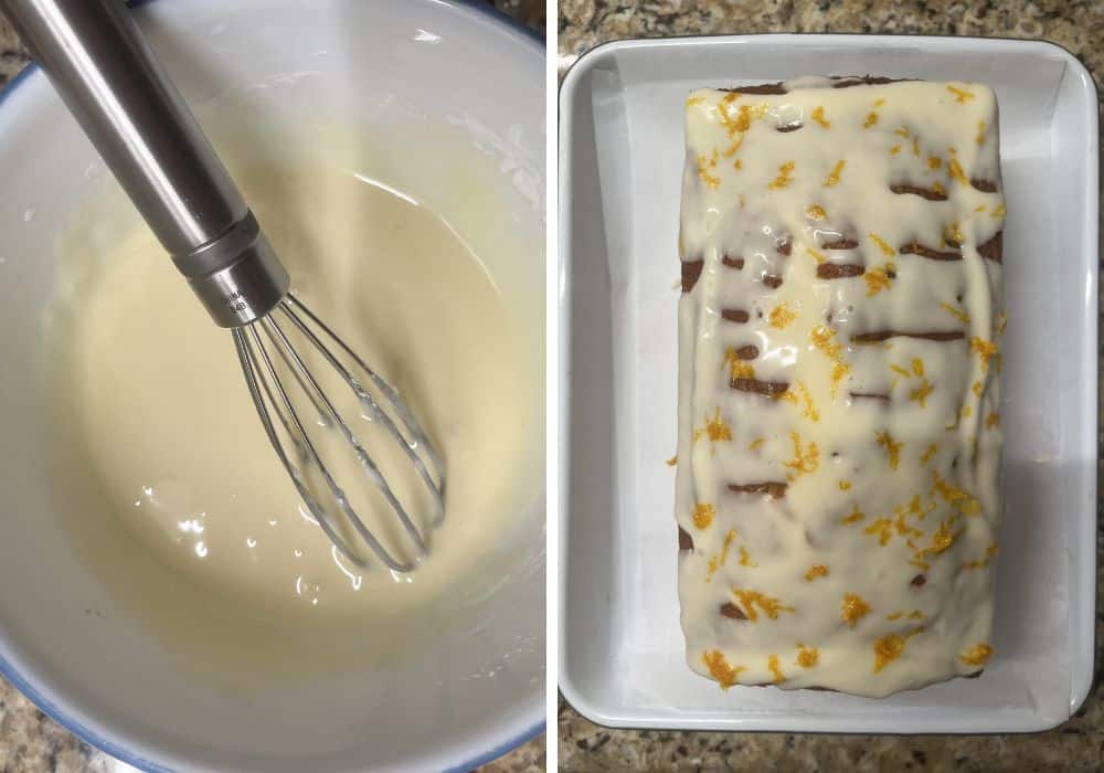 two photos; one shows orange glaze and a whisk in a bowl; the other shows the glaze drizzled over the orange bread, and a sprinkling of orange zest over the glaze.
