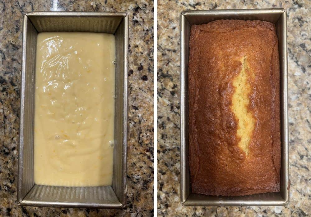 two photos; one shows batter in a loaf pan; the other shows the freshly baked orange loaf still in the pan.