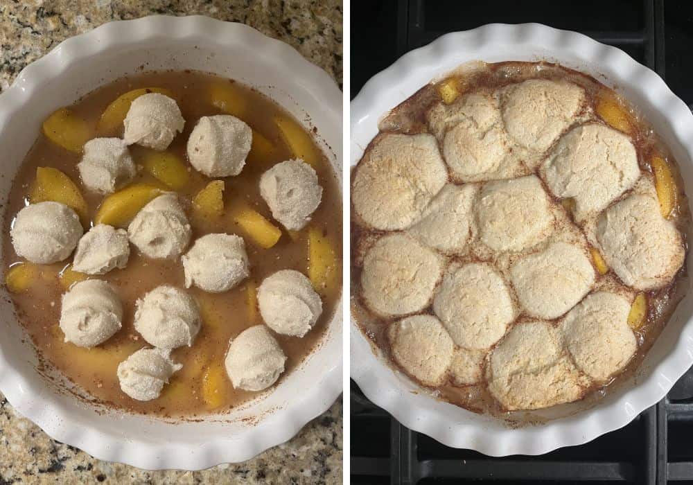 two photos; one shows batter scooped over the peach mixture in the baking dish; the other shows the freshly baked cobbler.