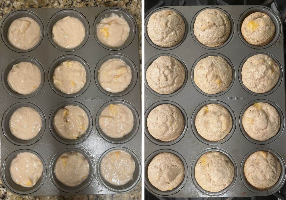 two photos; one shows peach cobbler muffin batter in a muffin tin; the other shows the freshly baked peach muffins still in the pan.