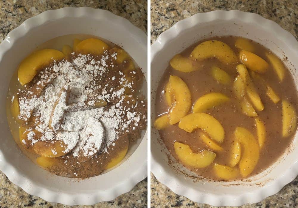 Two photos; one shows cornstarch, cinnamon, and nutmeg sprinkled over canned peaches and their syrup in a deep dish pie plate; the other shows the mixture combined in the pie plate.