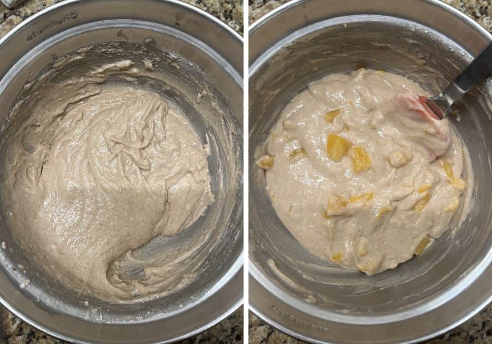 two photos; one shows muffin batter in a mixing bowl; the other shows peach chunks stirred into the batter.
