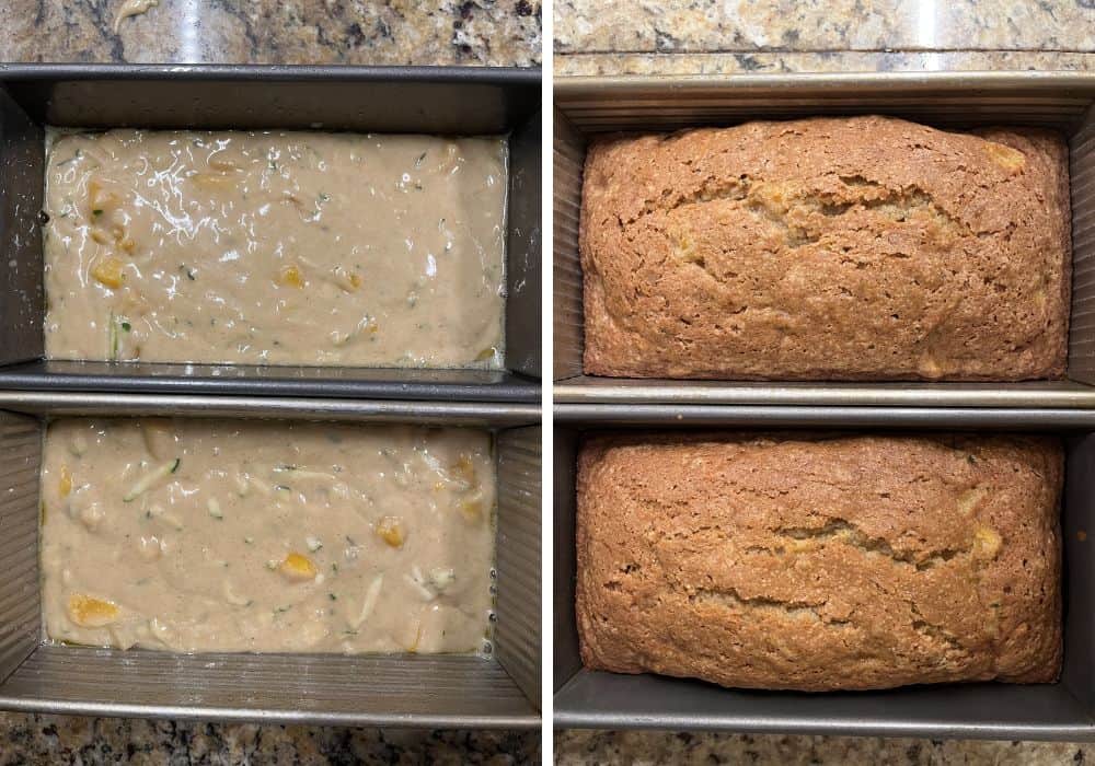 Two photos; one shows batter for peach zucchini loaf poured into two loaf pans; the other shows the loaves after being baked in the oven.