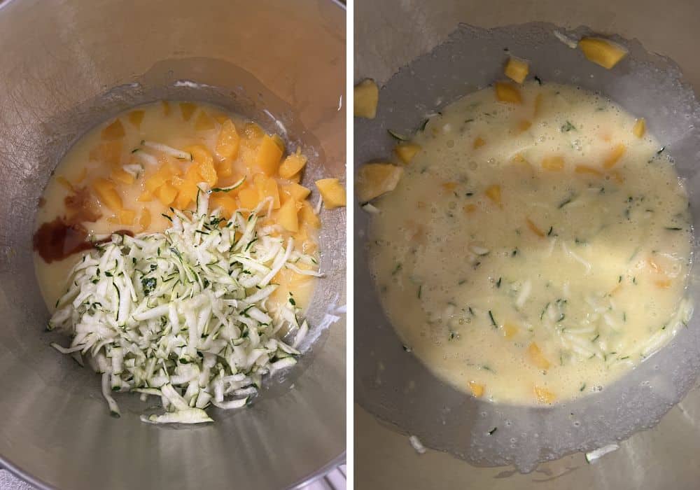 two photos; one shows vanilla extract, shredded zucchini, and diced peaches added to a mixture of eggs, sour cream, sugar, and oil. The other photo shows the ingredients combined together in a mixing bowl.