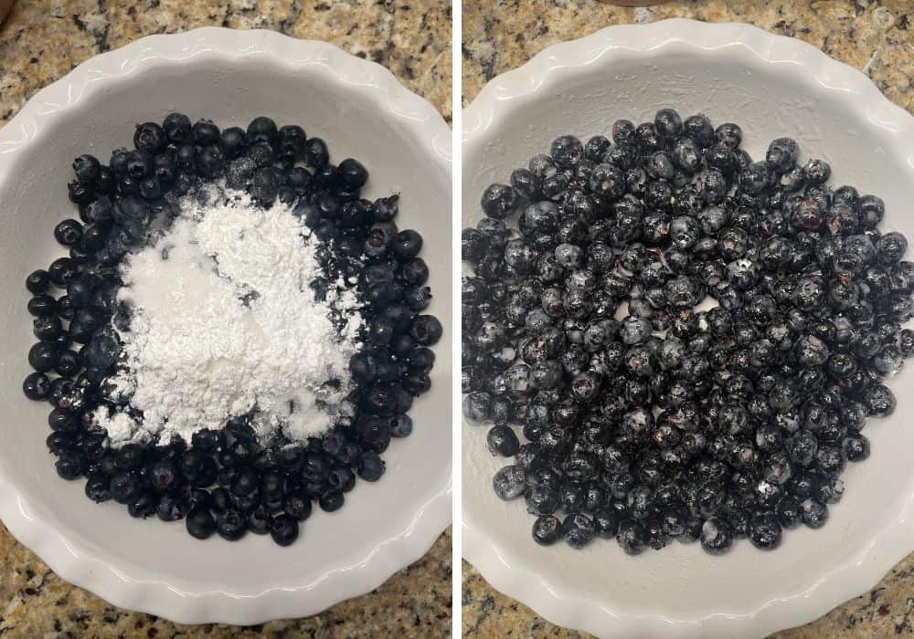 two photos; one shows blueberries, cornstarch, sugar, and lemon juice in a pie plate; the other shows the ingredients mixed together to coat the berries.