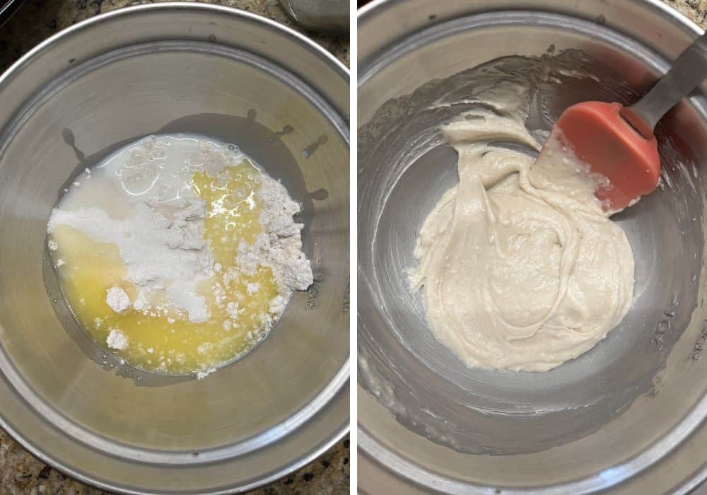 two photos; one shows Bisquick, sugar, milk, and melted butter in a mixing bowl; the other shows the mixture stirred together into a batter.