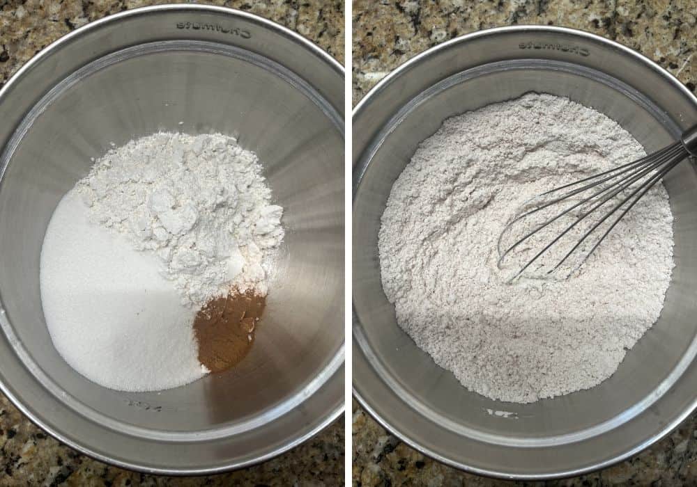 two photos; one shows dry ingredients in a mixing bowl; the other shows the ingredients whisked together.
