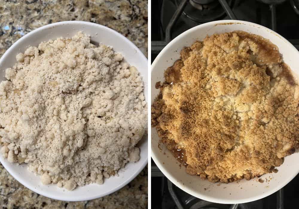 two photos; one shows the crumble topping over the apple mixture; the other shows the crisp after baking.