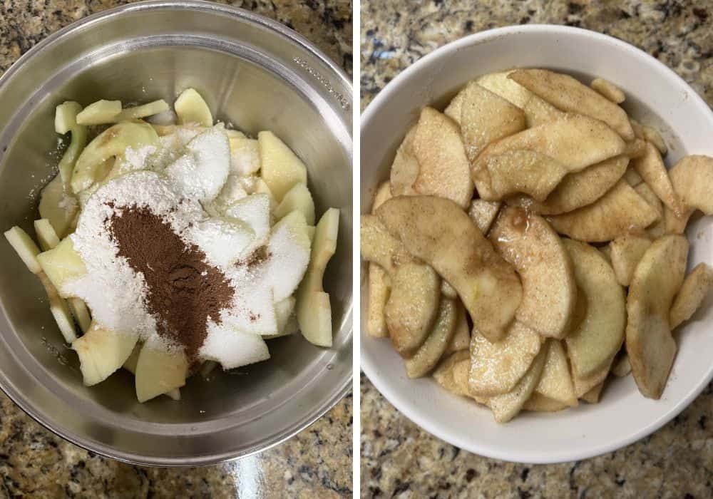 two photos; one shows sliced apples with cornstarch, sugar, and cinnamon in a mixing bowl; the other shows the coated apples in a baking dish.