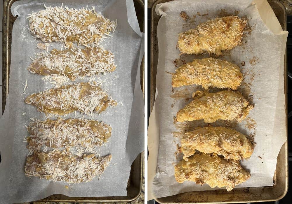 two photos; one shows breaded chicken fingers on a parchment-lined baking sheet; the other shows the chicken tenders after coming out of the oven.