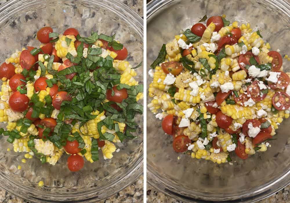 two photos; one shows fresh basil and green onions added to the corn and tomatoes; the other shows the vinaigrette and feta cheese tossed with the other ingredients.