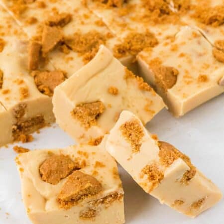 Biscoff fudge cut into squares on a piece of parchment.