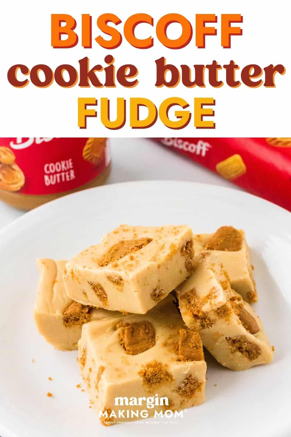 Squares of Biscoff cookie butter fudge on a white plate.