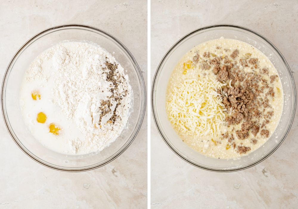 two photos; one shows milk, eggs, Bisquick, maple syrup, salt, and pepper in a mixing bowl; the other shows mozzarella cheese and cooked sausage added to the egg mixture.