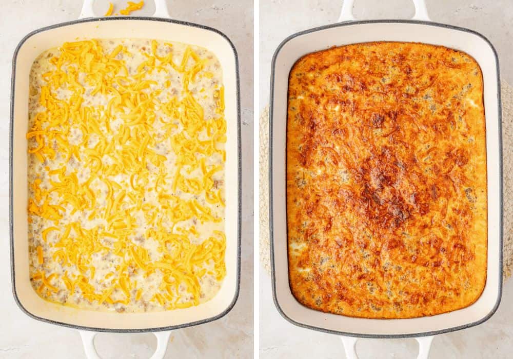 two photos; one shows shredded cheese sprinkled over the egg mixture in a baking dish; the other shows the breakfast casserole after being baked.