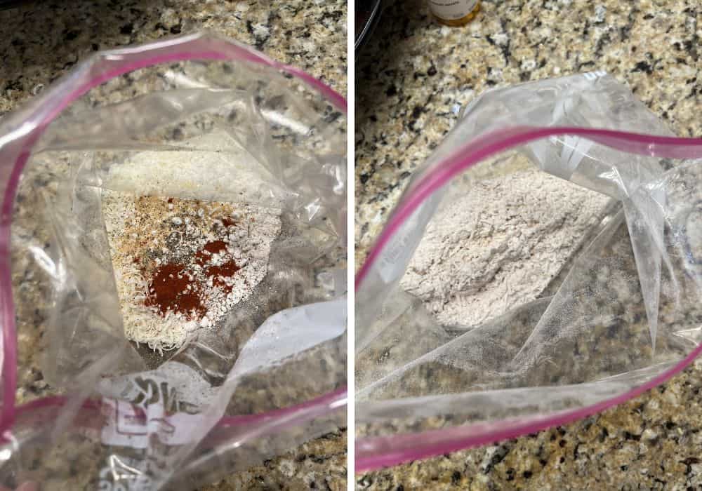 two photos; one shows dry ingredients in a gallon ziploc bag, the other shows the dry ingredients shaken together.