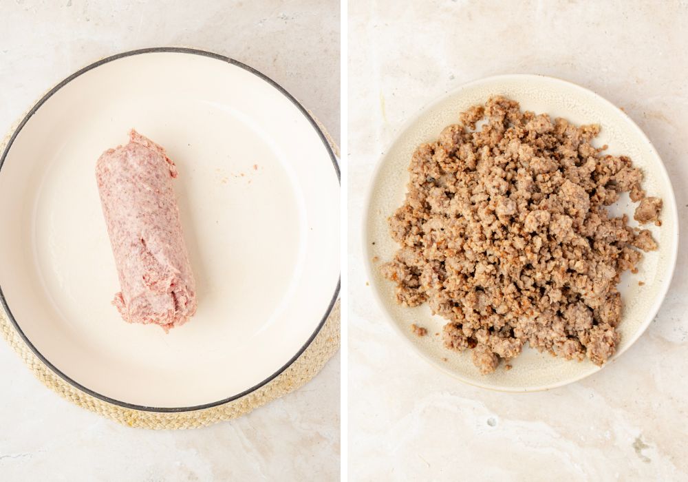two photos; one shows a pound of raw sausage in a skillet; the other shows the sausage after it's been browned and drained.