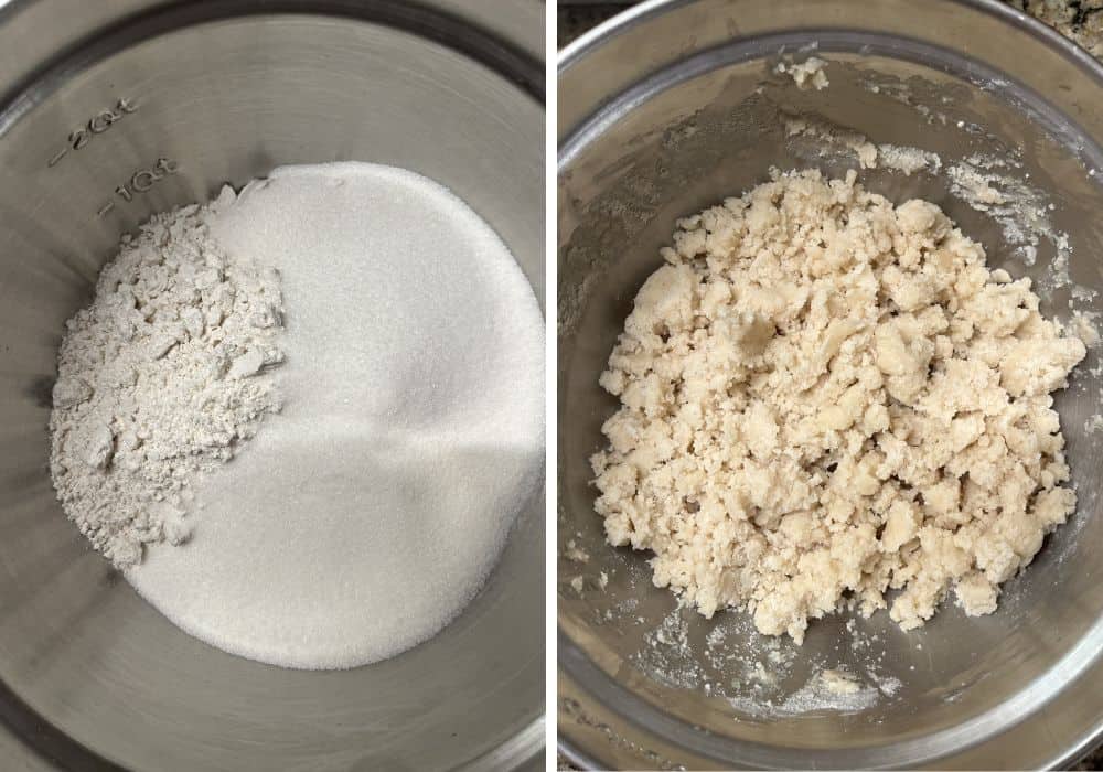 two photos; one shows Bisquick and sugar in a mixing bowl; the other shows melted butter and almond extract mixed into the dry ingredients to create the crumble topping for the cobbler.