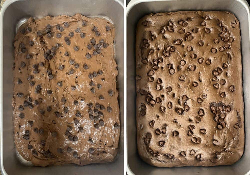 two photos; one shows chocolate cake batter in a cake pan, with chocolate chips sprinkled on top. The other photo shows the freshly baked cake in the pan.