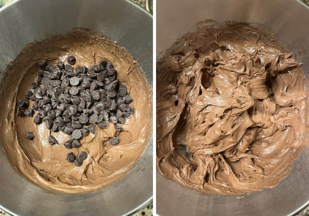two photos; one shows chocolate chips added to chocolate cake batter in a mixing bowl; the other shows the chocolate chips mixed into the batter.