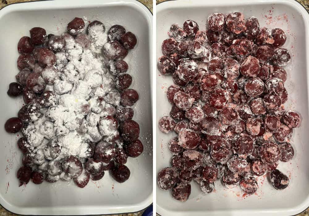 two photos; one shows frozen cherries, cornstarch, sugar, and lemon juice in a baking dish; the other shows the ingredients tossed together to coat the cherries.