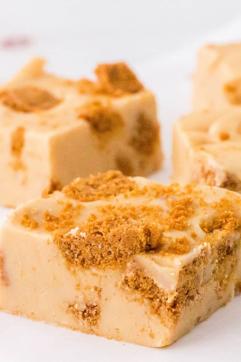 close-up view of a piece of cookie butter fudge, showcasing the pieces of Biscoff cookies throughout the creamy fudge.