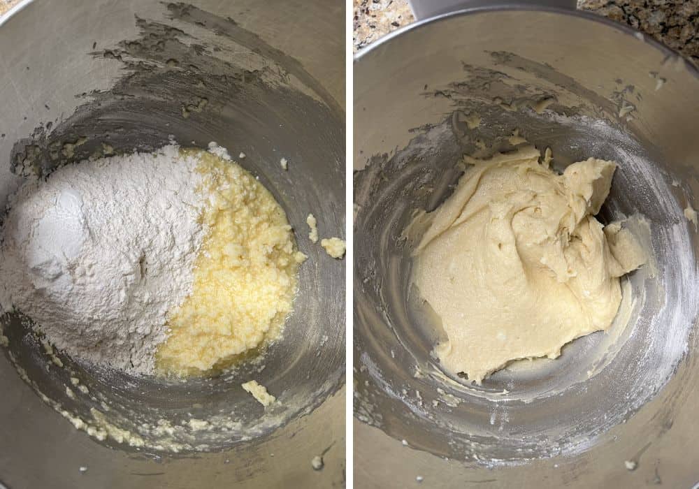 two photos; one shows dry ingredients added to wet ingredients in a mixing bowl; the other shows the ingredients mixed together into a cake batter.