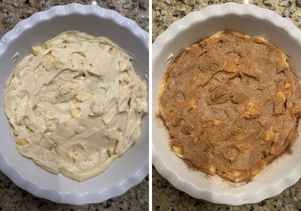Two photos; one shows apple cake batter in a pan; the other shows cinnamon sugar mixture sprinkled over the top of the batter.