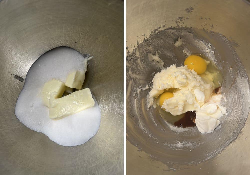 two photos; one shows butter and sugar in a mixing bowl; the other shows eggs and vanilla extract added to the creamed butter and sugar.