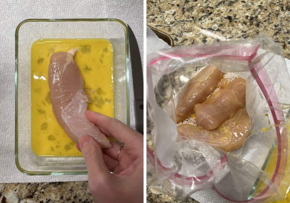 two photos; one shows chicken tenderloin being dredged in egg mixture; the other shows chicken fingers in the bag of breading ingredients.