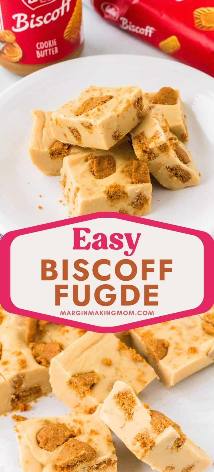 two photos; one shows squares of Biscoff holiday fudge on a white plate; the other shows squares of freshly cut fudge on a piece of parchment paper.