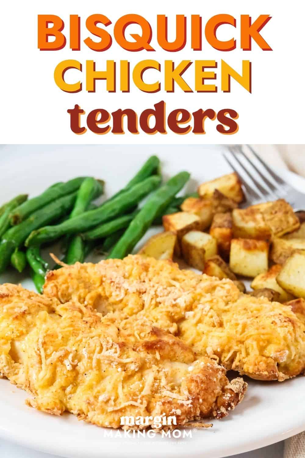 Easy Bisquick chicken tenders served on a white plate with green beans and potatoes.