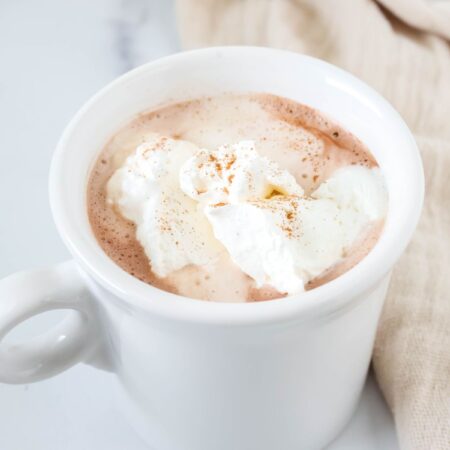 Mug of hot cocoa made with homemade hot chocolate mix.