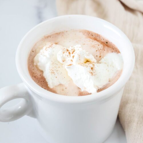 Mug of hot cocoa made with homemade hot chocolate mix.