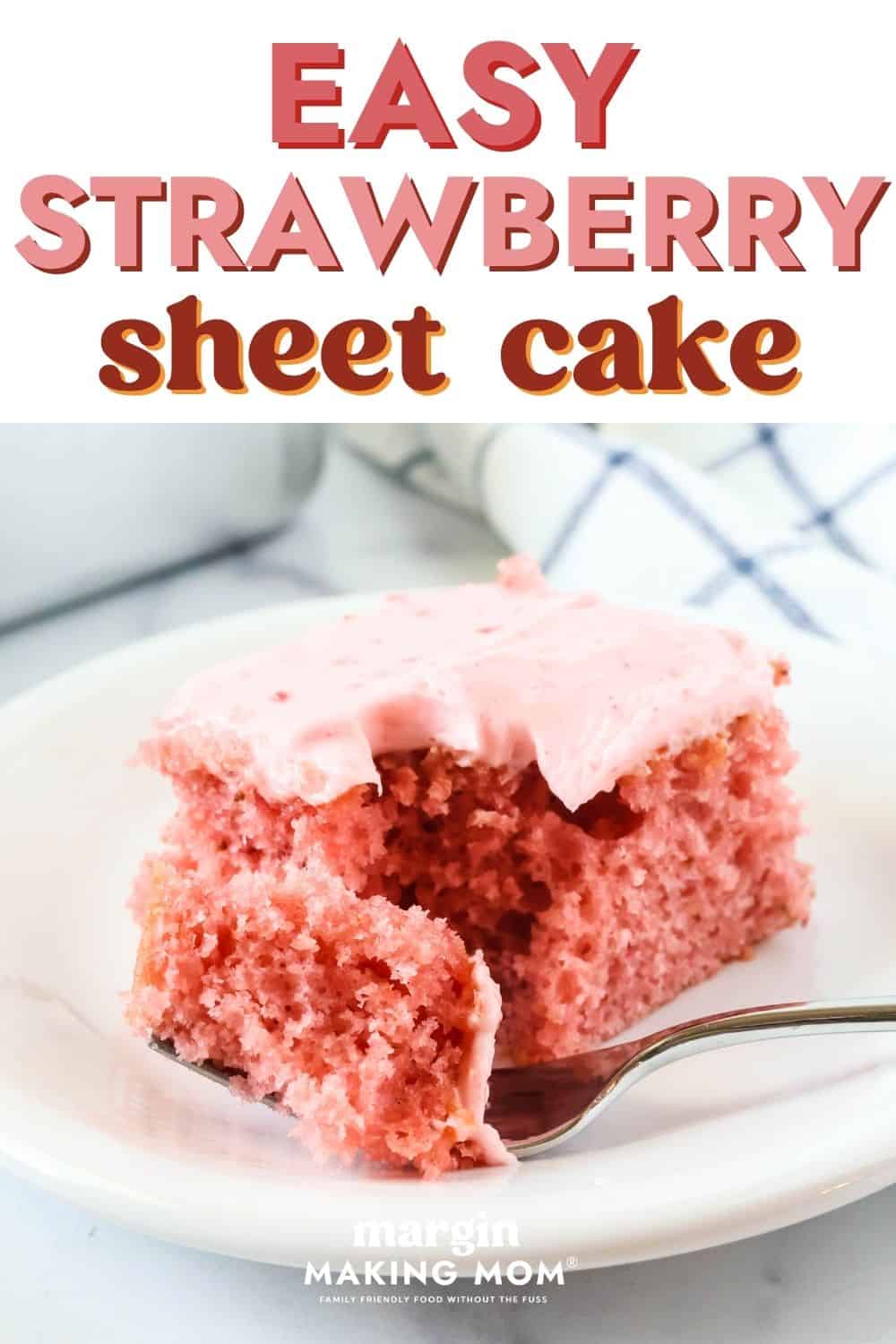 Slice of strawberry sheet cake with a bite taken out of it with a fork.