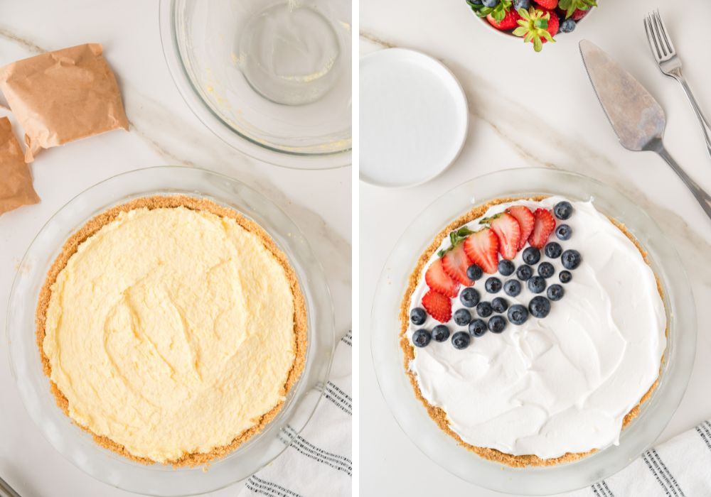 two photos; one shows vanilla pudding mixture in a graham cracker crust; the other shows the pudding mixture topped with whipped cream and fresh berries.