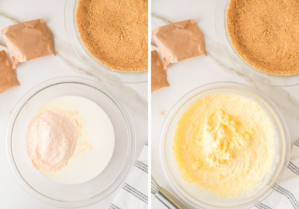 two photos; one shows instant vanilla pudding mix and heavy cream in a mixing bowl; the other shows the ingredients mixed together.